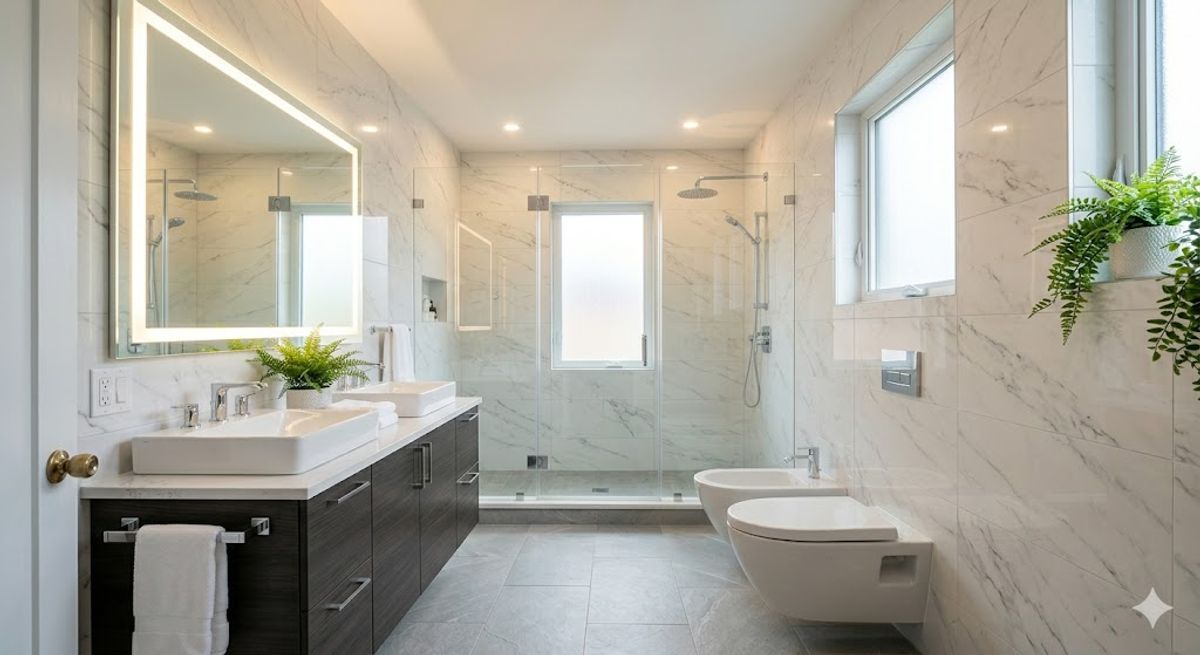 Salle de bain rénovée en marbre — travail professionnel